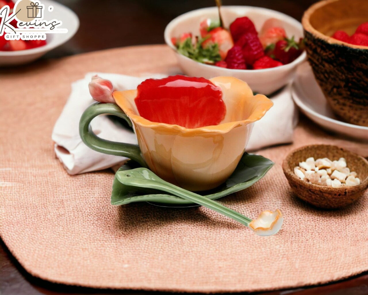 Ceramic Orchid Flower Cup and Saucer and Spoon-1 Set, Gift for Her, Gift for Mom, Gift for Friend or Coworker, Tea Party Décor, Café Decor